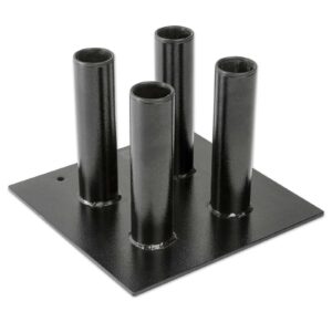The Olympic Barbell Holder features a textured, rectangular metal base in black with four upright, evenly spaced cylindrical holders that are open at the top.