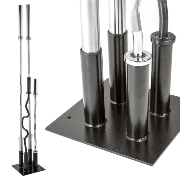 The Olympic Barbell Holder is a black stand designed to organize various metallic weightlifting and barbell types neatly, featuring multiple vertical slots for different grips and bends.