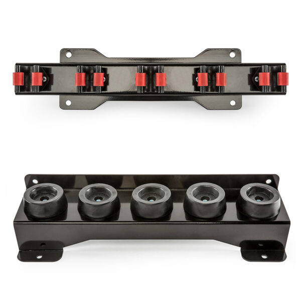 The top image features the Barbell Cue Rack, a black metal wall rack with three pairs of red padded clips. The bottom image shows a support bracket in black metal with four rubber rollers. Both items sit on a white background.