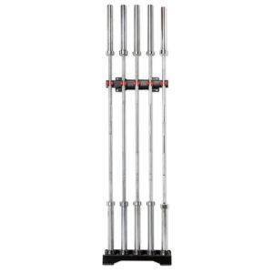 A set of five silver barbells is arranged vertically on a black Wall Mounted Barbell Cue Rack against a white background, with the shiny, smooth surfaces evenly spaced.