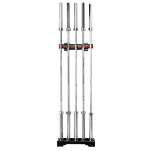 A set of five silver barbells is arranged vertically on a black Wall Mounted Barbell Cue Rack against a white background, with the shiny, smooth surfaces evenly spaced.