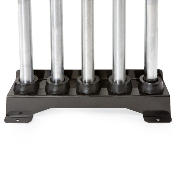 A close-up of the Barbell Cue Rack - Wall Mounted shows a black base with five vertical metal poles in round slots. The base includes two mounting holes, offering stability. The image features the bottom section of the poles against a white background.