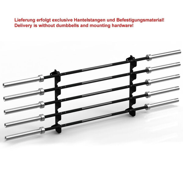 The Barbell Gun Rack - Wall Mounted, shown in black metal, holds five silver barbell bars against a white background. Red text indicates that it comes without dumbbells and mounting hardware.