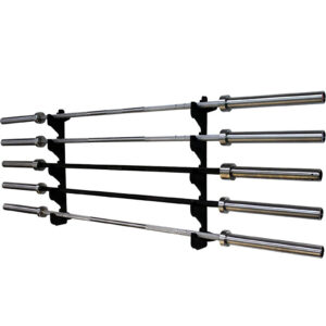 A Barbell Gun Rack - Wall Mounted displays five silver barbells with knurled grips neatly arranged horizontally against a black rack, creating a symmetrical appearance with a plain white background.