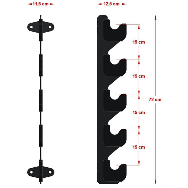 Illustration of the Barbell Gun Rack - Wall Mounted, black in color, with dimensions: four hooks spaced 15 cm apart vertically, total height 72 cm. Top view shows a horizontal width of 11.5 cm and vertical width of 12.5 cm.