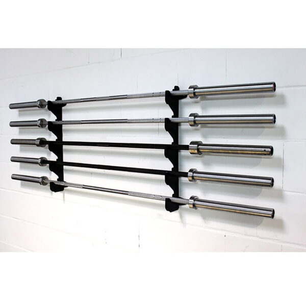 Five silver barbells are displayed horizontally using a Barbell Gun Rack - Wall Mounted, set against a white brick wall.