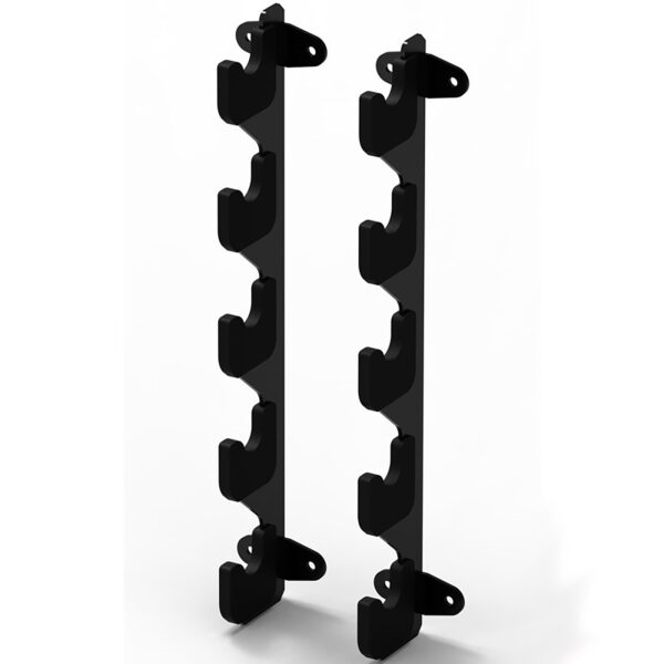 The Barbell Gun Rack - Wall Mounted features two vertical black metal brackets with multiple hooks for organizing cables or other items, displayed on a white background.