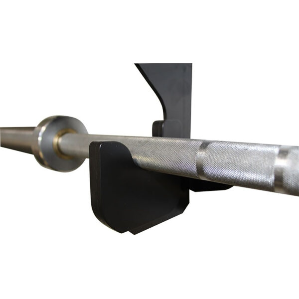 Close-up view of a barbell on the Barbell Gun Rack - Wall Mounted. The knurled grip rests securely in the support groove of the black metal rack.