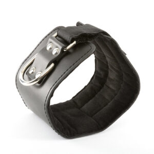 A black PU leather Cable Machine Ankle Cuff with a metal buckle and D-ring rests on a white background. It looks sturdy and adjustable, ideal for restraint or accessory purposes.