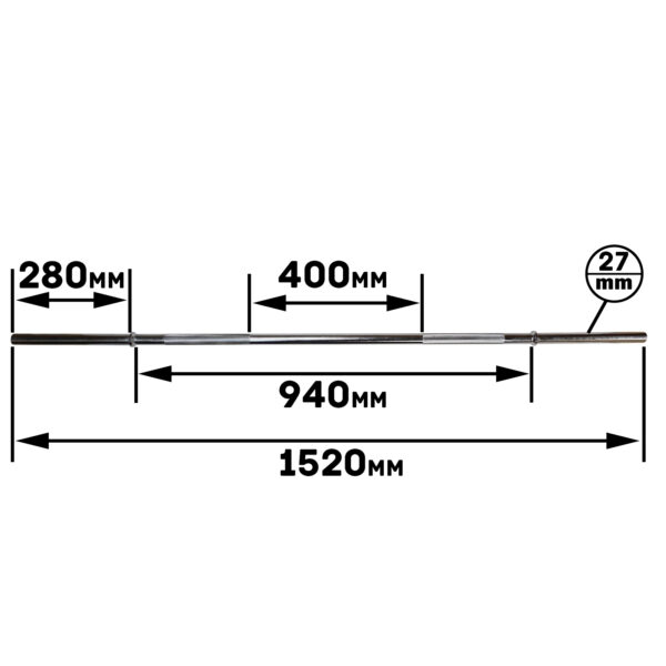 Image of the Standard Super Curl Bar: 1520mm length, 940mm space between weights, 280mm sleeve length, and 27mm diameter. The center knurled section is 400mm. Displayed against a white background.