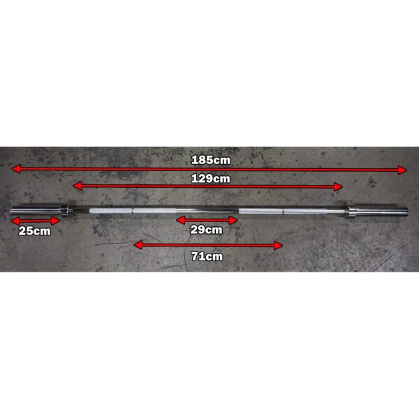 The 7ft Olympic Barbell Thrust Bearings 1500lbs features red-labeled measurements: a total length of 185cm, handle sections of 129cm, two outer sections of 25cm each, and inner sections at 29cm. It is shown resting on a concrete floor.