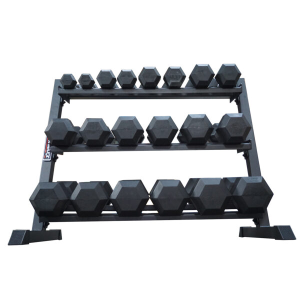 Power Maxx 2.5 kg - 25 kg Rubber Hex 10 Pair Dumbbell Set with Compact 3 Tier Rack - Image 2