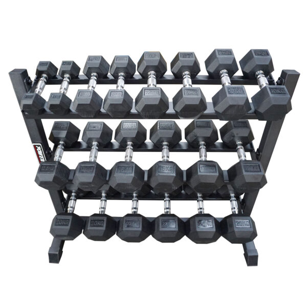 Power Maxx 2.5 kg - 25 kg Rubber Hex 10 Pair Dumbbell Set with Compact 3 Tier Rack - Image 3