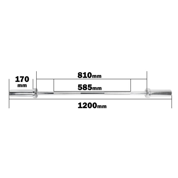 Diagram of the Power Maxx 4ft Olympic Barbell with labeled dimensions: 1200mm total length, 170mm for each end section, 585mm for the center section, and a span of 810mm between end sections.