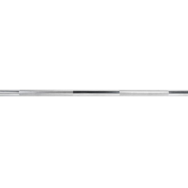 The Power Maxx 4ft Olympic Barbell, a straight silver metal bar, features a smooth central section with knurled grips on either side for handling against a white background.