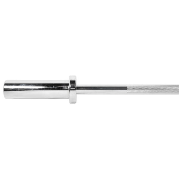 The Power Maxx 4ft Olympic Barbell features a metallic finish with a knurled grip and a shiny sleeve, set against a white background.