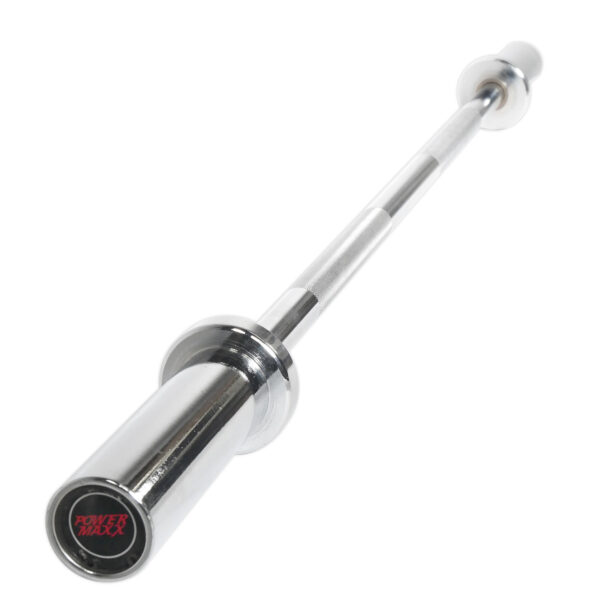 The Power Maxx 4ft Olympic Barbell is displayed at an angle with a shiny silver finish. Its circular ends, one embossed with a red POWER MAXX logo, and the bar features knurling for grip.