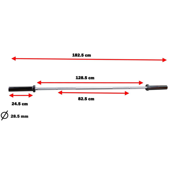 Introducing the Aluminium 7.5kg Technique Olympic Bar, featuring a total length of 182.5 cm with red arrows indicating dimensions: a center section of 128.5 cm, grip sections at 24.5 cm each, and a diameter of 28.5 mm. Its central grip area spans 82.5 cm, making it ideal for efficiently refining your lifting technique.