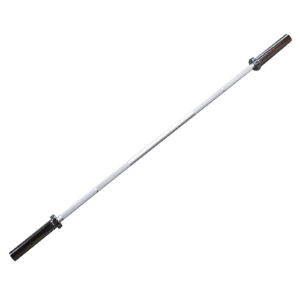 A long, straight Aluminium 7.5kg Technique Olympic Bar with rotating sleeves on both ends, designed for weightlifting exercises, is positioned horizontally against a white background.