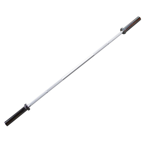 A long, straight Aluminium 7.5kg Technique Olympic Bar with rotating sleeves on both ends, designed for weightlifting exercises, is positioned horizontally against a white background.