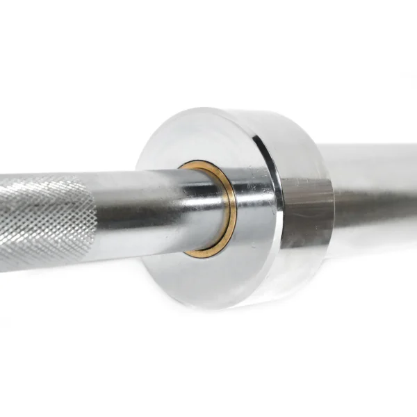 Close-up of a shiny, polished 7ft Olympic Barbell 1000lbs featuring a knurled grip and smooth, round weight holder.