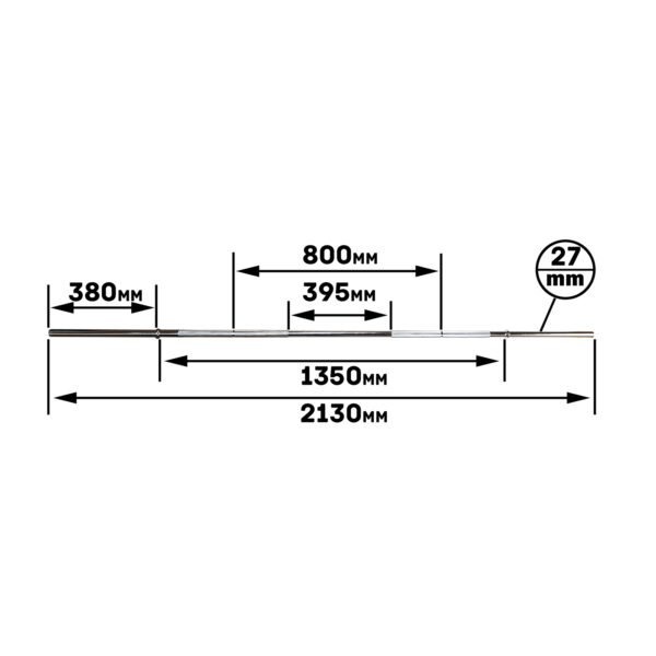 A diagram depicting the Power Maxx 8 Barbell Holder with a rectangular form featuring dimensions: length 2130mm, width 27mm, central section 1350mm, and side sections measuring 380mm and 395mm.