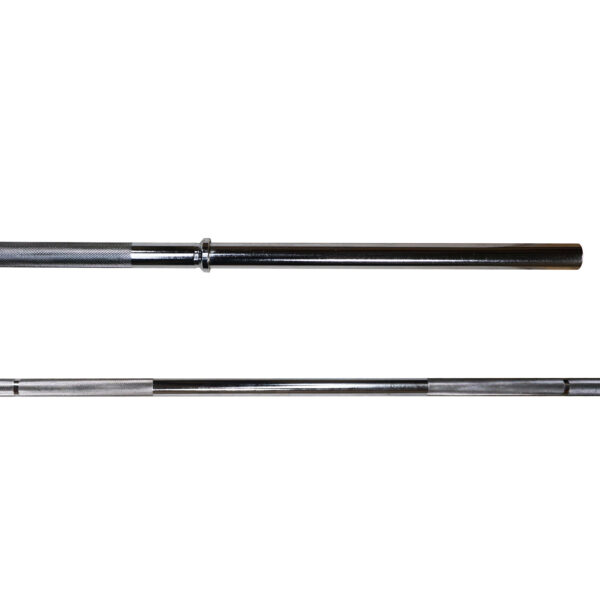 Power Maxx 8 Barbell Holder featuring two Olympic-style metal barbells on a white background, highlighting the grip and sleeve areas.