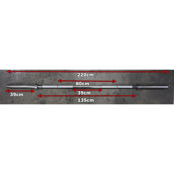 A 7ft Olympic Barbell Thrust Bearings 1000lbs lying on a concrete floor is marked in red text: total length is 220 cm, central section measures 135 cm, with two outer sections of 39 cm each, and an 80 cm gap in the middle.