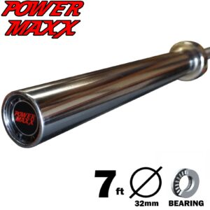 Close-up of a 7ft Olympic Barbell with a chrome finish; end cap shows Power Maxx logo. Text at bottom reads 32mm diameter and features bearing graphic.