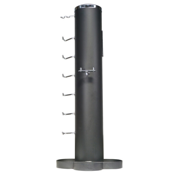Introducing the Power Maxx Wide Row Handle: a sleek, tall black metal stand with multiple silver hooks designed for item display. Its wide circular base ensures stability.