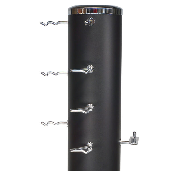 The Power Maxx Wide Row Handle is a tall, cylindrical, black structure featuring multiple metal hooks on its side for holding items, topped with a shiny metallic finish.