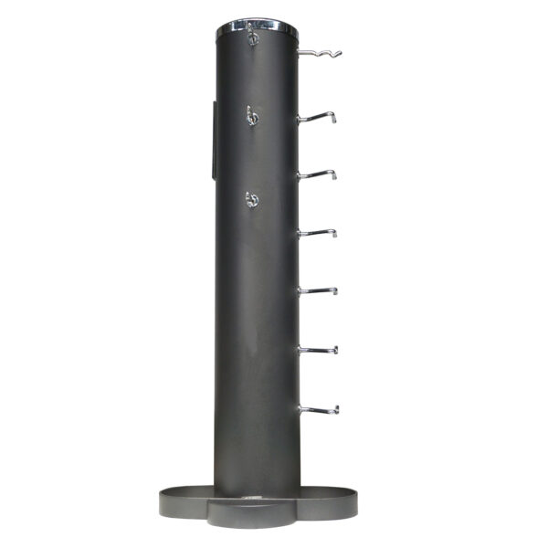 The Power Maxx Wide Row Handle is a tall, cylindrical gray metal stand with multiple hooks for hanging items, featuring a circular base with a slight lip. The background is plain white.