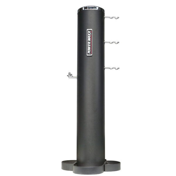 The Power Maxx Wide Row Handle is a tall, black cylindrical tower rack with side hooks for fitness equipment. It features a round base and displays the brand logo on the front.