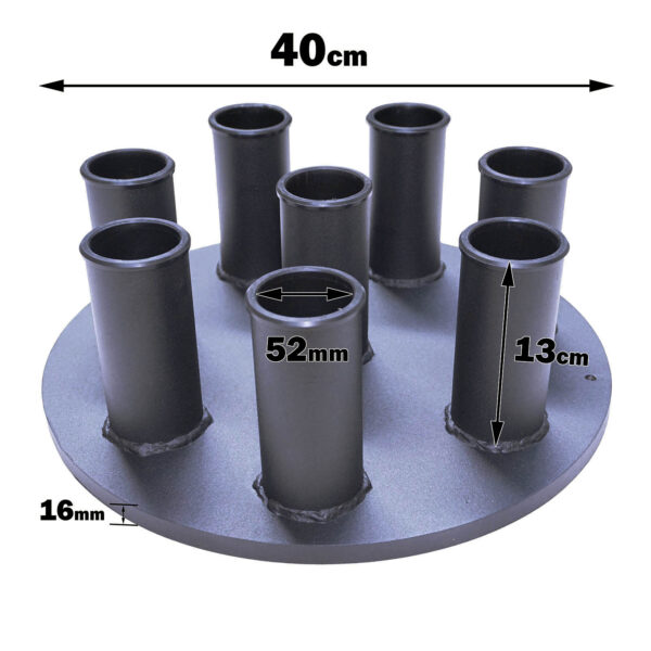 The Power Maxx 8 Barbell Holder features eight labeled nozzles, each 13 cm tall with a 52 mm diameter. Its circular base measures 40 cm in diameter and is 16 mm thick, depicted against a white background.