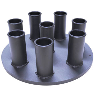 The Power Maxx 8 Barbell Holder features a black, round metal base with eight cylindrical tubes attached vertically and evenly spaced in a circular pattern, resembling a multi-holder stand.