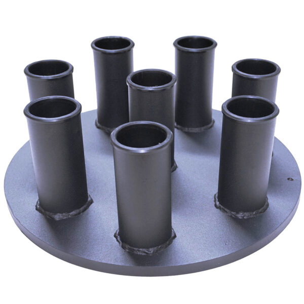The Power Maxx 8 Barbell Holder features a black, round metal base with eight cylindrical tubes attached vertically and evenly spaced in a circular pattern, resembling a multi-holder stand.