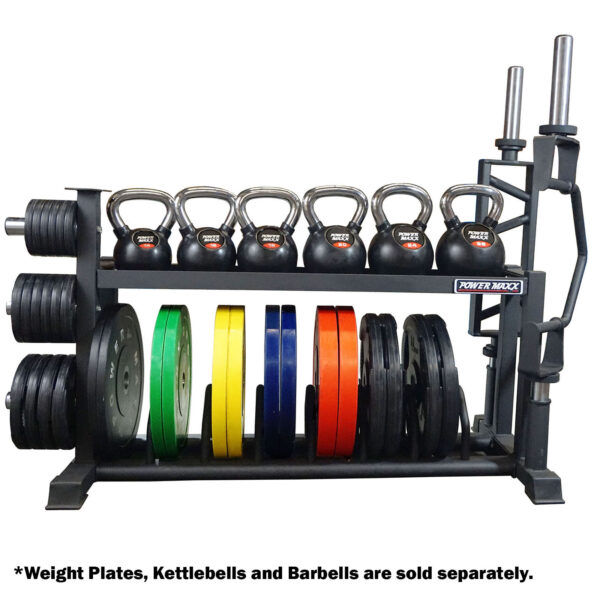 The Power Maxx Bumper & Barbell Rack holds kettlebells on top and colorful weight plates below, with barbell stands on the right. A note indicates that weight plates, kettlebells, and barbells are sold separately.
