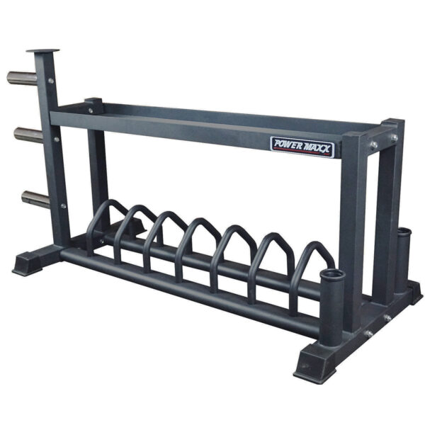 The Power Maxx Bumper & Barbell Rack is a sturdy black metal rack featuring bars for weight plates and sections for barbells, with the Power Maxx logo on one side, set against a white background.