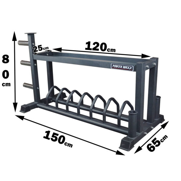 The Power Maxx Bumper & Barbell Rack features dimensions of 150 cm length, 65 cm width, and 80 cm height. It includes multiple horizontal bars for weights and additional vertical pegs on the side.