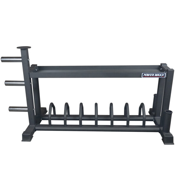 The Power Maxx Bumper & Barbell Rack is a gray metal organizer with multiple storage slots and pegs, perfect for arranging gym weights and equipment.