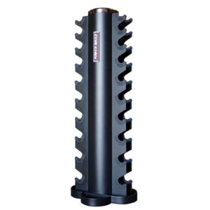 The Power Maxx Vertical Dumbbell Rack holds 10 pairs with a sleek black cylindrical design and grooves for secure storage. Its flat base ensures stability, while the branded logo near the top adds style, making it ideal for compact weight organization.