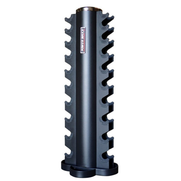 The Power Maxx Vertical Dumbbell Rack holds 10 pairs with a sleek black cylindrical design and grooves for secure storage. Its flat base ensures stability, while the branded logo near the top adds style, making it ideal for compact weight organization.