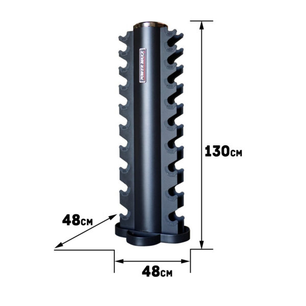 The Power Maxx Vertical Dumbbell Rack, measuring 130 cm tall and 48 cm in both width and depth, is a sleek black organizer for 10 pairs of weights, featuring multiple slots to efficiently organize your gym space.