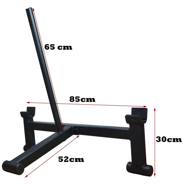 Image of black metal storage rack with vertical pole and base, featuring dimensions: 65 cm tall, 85 cm long, 52 cm deep, and 30 cm high.