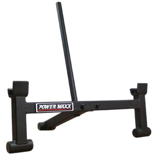 A black metal fitness sled, featuring a central vertical pole and rectangular base with side handles, branded Power Maxx on the front. Used for strength training with Spud Looper Straps.
