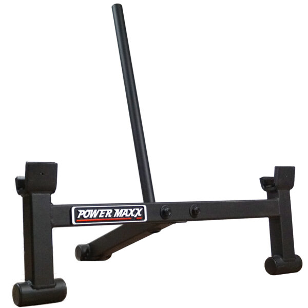 A black metal fitness sled, featuring a central vertical pole and rectangular base with side handles, branded Power Maxx on the front. Used for strength training with Spud Looper Straps.