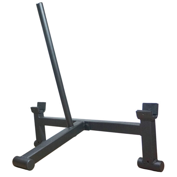 A black, metal log stand named Spud Looper Straps, features a sturdy base with two horizontal supports and an angled vertical pole for stability to hold logs securely.