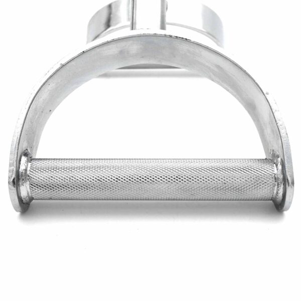 Close-up of the Power Maxx Wide Row Handle, a silver metal gym attachment for cable machines. It features a D-shaped design with a textured grip and shiny finish, ideal for strength training exercises.