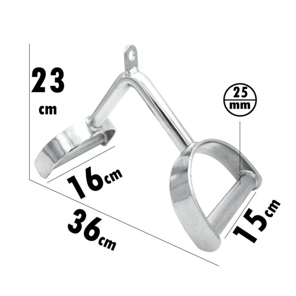 The Power Maxx Wide Row Handle is a silver metal stirrup with dimensions: 36 cm length, 23 cm height, 16 cm depth, 15 cm handle length, and a diameter of 25 mm. It includes a textured grip and a hook attachment point.