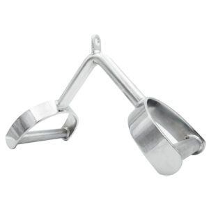 The Power Maxx Wide Row Handle is a polished metal stirrup with two foot loops connected by a central bar, featuring a small loop at the top for attaching to a saddle.